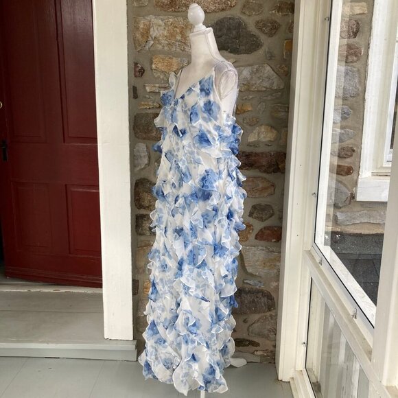 NWT BHLDN Anthropologie Jia Printed Bias-Cut Ruffled V-Neck Gown Blue $328 - Picture 6 of 12